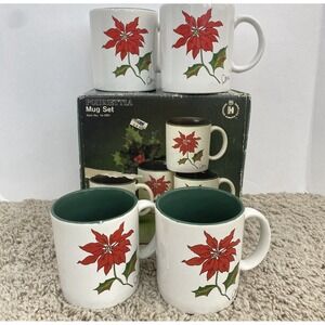 Himark Poinsetta Mugs Set of 4 Christmas Holiday Coffee/Tea Cups 12oz 1984